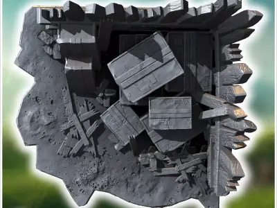 Pile of broken crates wooden planks and debris against a fortifi 3D print model