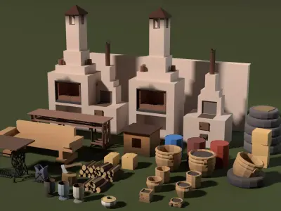 Low-poly country house yard props pack Low-poly 3D model