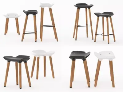 Pilot different stools with wooden legs 3D model