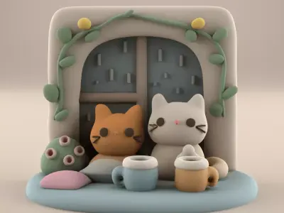 Cozy Cat Duo Rainy Window STL 3D print model