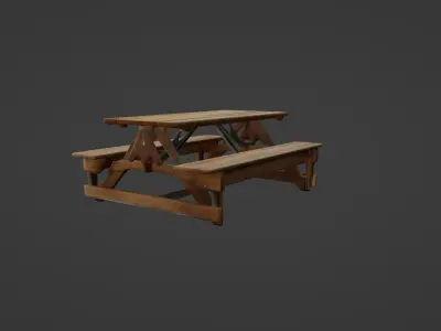 Folding Wooden Picnic Table with Attached Benches 3D model