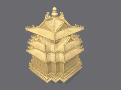 Ancient octagonal building bone carving Low-poly 3D model
