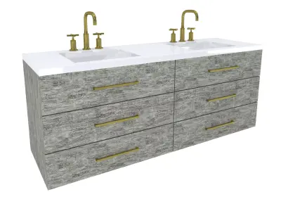 Vanity-007B bathroom vanity with two sinks and brass faucets 3D model