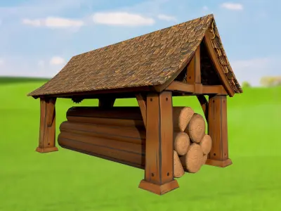 Stylized log shed sawmill PBR game ready Low-poly 3D model