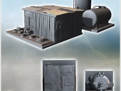 Garage-style structure with adjacent fuel tank and various tires 3D print model
