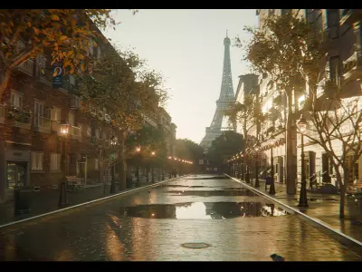 Paris Street Scene - Urban Wet Environment Scene 3D model