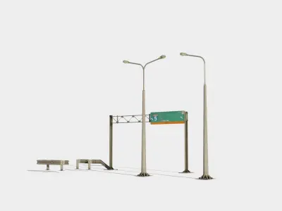 highway guard rail signs and street lights with 4k pbr textures Low-poly 3D model