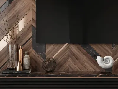 Tv set 4 fireplace with marble and wood panels 3D model