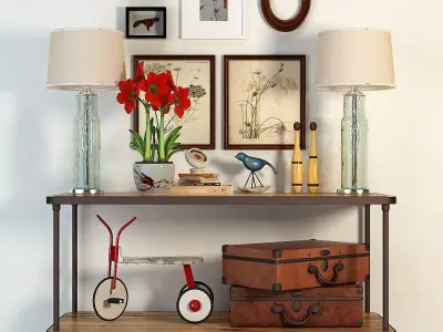 console wooden shelf with two suitcases and bicycle 3D model