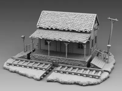 Station train with tracks and house 3D print model