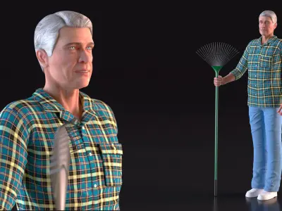  Grey-Haired Man in Plaid Shirt with Rake Rigged for Cinema 4D 