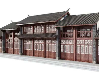 Japan Historic Wooden Street House Row 3D model
