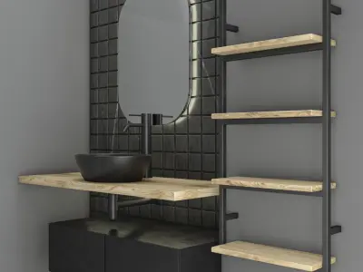 bathroom set 7 modern with tiles and wooden shelves 3D model