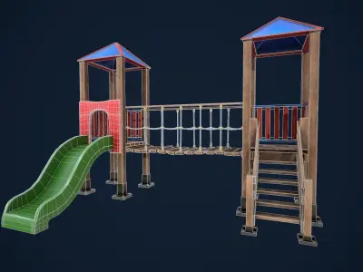 Playground wooden bridge with slide Low-poly 3D model