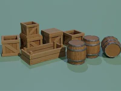  stylized  box and an oak barrel Low-poly 3D model