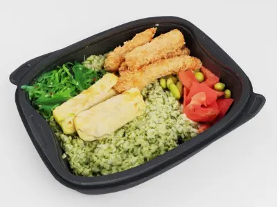 Poke bowl lunch box with salmon rice tomatoes seaweed algae 3D model