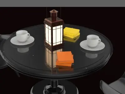 Tea Set table with chairs and lamp Low-poly 3D model