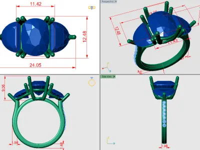 Cusion shape ring and half moon diamonds and pave setting along  3D print model