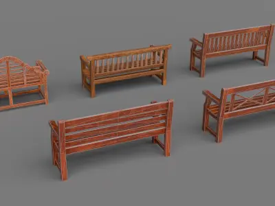 Wooden Street Bench low poly PBR  3D model Low-poly 3D model