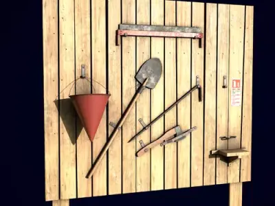 Fireman shield with fire fighting and safety tools Low-poly 3D model