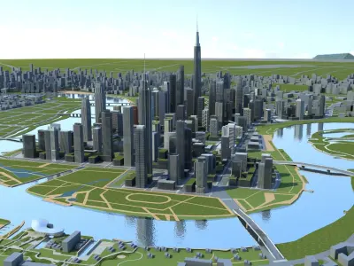 City 1 with skyscrapers and river 3D model