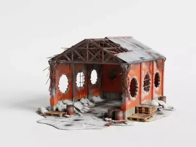 Ruined Winter Warehouse - Post-Apocalyptic Shelter Low-poly 3D model