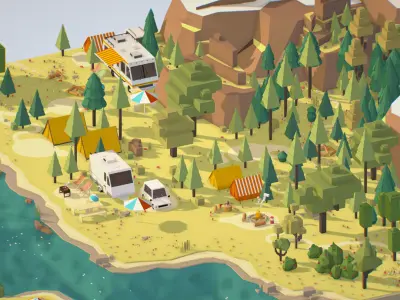 isometric style camping level constructor Low-poly 3D model