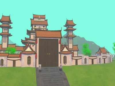 Japanese Anime castle low-poly 3d model unity package VR AR Low-poly 3D model