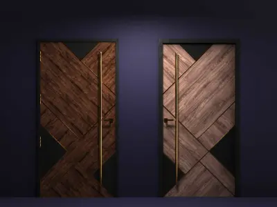 doots two wooden doors with brass handles 3D model