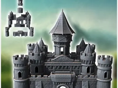 Large medieval castle with concave-roofed keep and imposing surr 3D print model