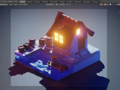 low poly Gameasset2 lego house with barrels 3D model