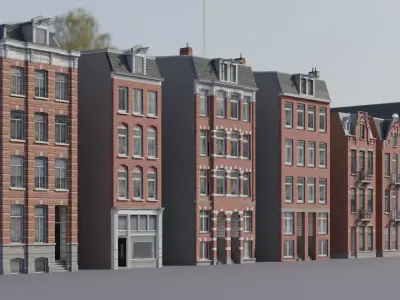 Netherlands Dutch Style Traditional Brick Row Houses Set Low-poly 3D model