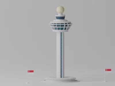 Cartoon Singapore Changi Airport Control Tower Low-poly 3D model
