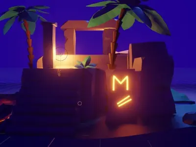 Ruins island with lights and palm trees Low-poly 3D model