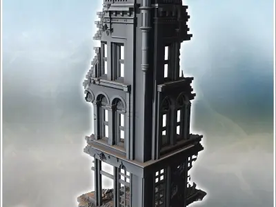 Corner building with decorative arched windows damaged upper wal 3D print model
