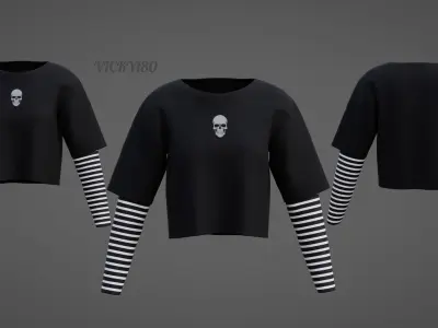 Y2K Grunge Crop top - Goth Stripes Long Sleeve 2piece punk shirt Low-poly 3D model