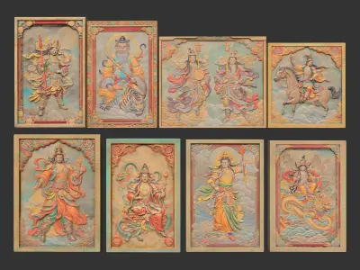 Chinese Temple Walls - Mural Bas relief Colored - 230912 Low-poly 3D model