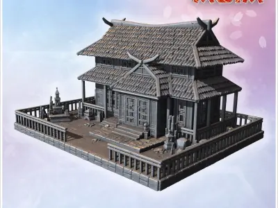 Large Japanese house with symmetrical tiled roof wooden pillars  3D print model