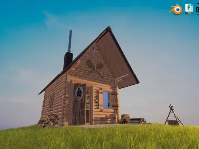 Detailed Log Cabin with Interior and Texture Lighting 3D model