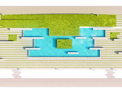 Contemporary Hardscape Park and Water Feature Low-poly 3D model