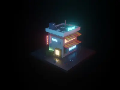 cyberpunk lowpoly building with neon lights Low-poly 3D model