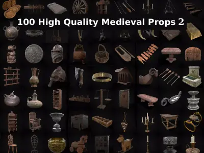 100 High Quality Medieval Props Two 3D Model Pack