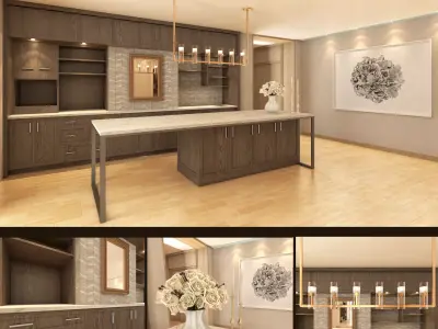 Kitchen Set modern with wooden cabinets and marble counter tops 3D model
