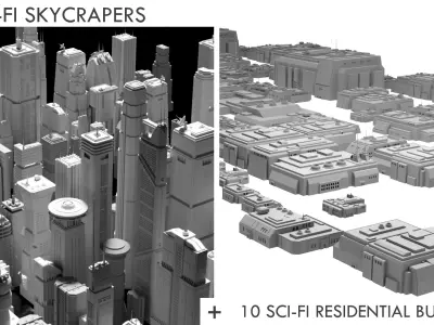  71 Sci-Fi Skycrapers and Buildings Kitbash - Cyberpunk Futuristic City 