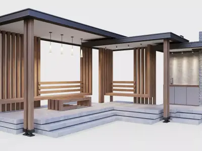 Gazebo with summer kitchen and multi-level roof 3D model