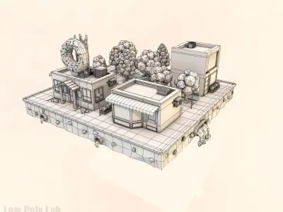 Cartoon City Block Dount Cafe Building Low-poly 3D model