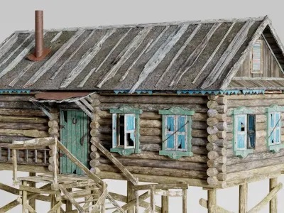Old wooden damaged village house B da1 Low-poly 3D model