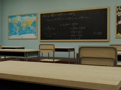 Classroom with chairs and blackboard Low-poly 3D model