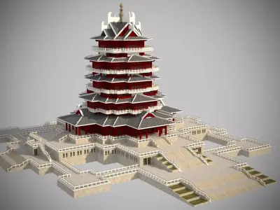 Modern architecture that imitates Eastern classical style Low-poly 3D model