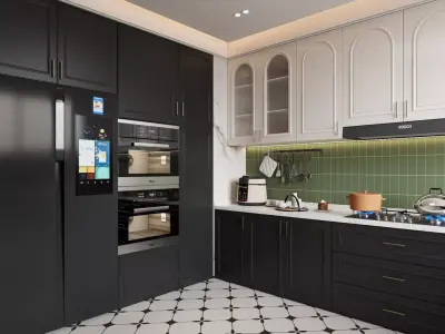 Modern Classic U-Shaped Kitchen with Appliances 3D model